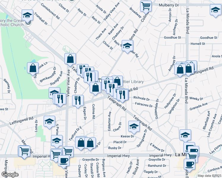 map of restaurants, bars, coffee shops, grocery stores, and more near 14515 Leffingwell Road in Whittier