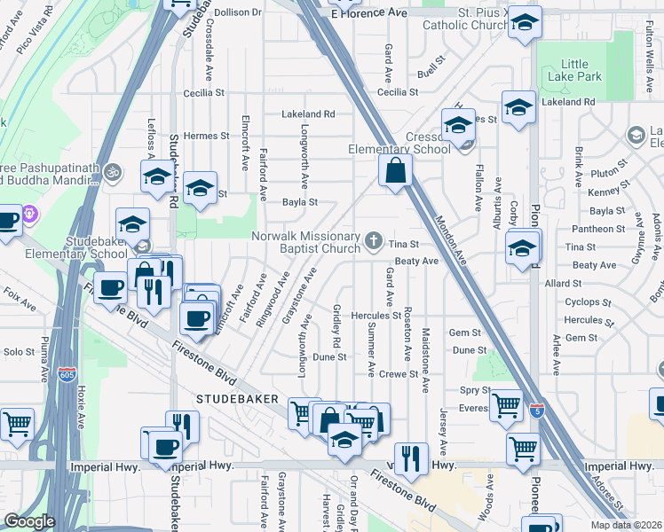 map of restaurants, bars, coffee shops, grocery stores, and more near 11752 Graystone Avenue in Norwalk