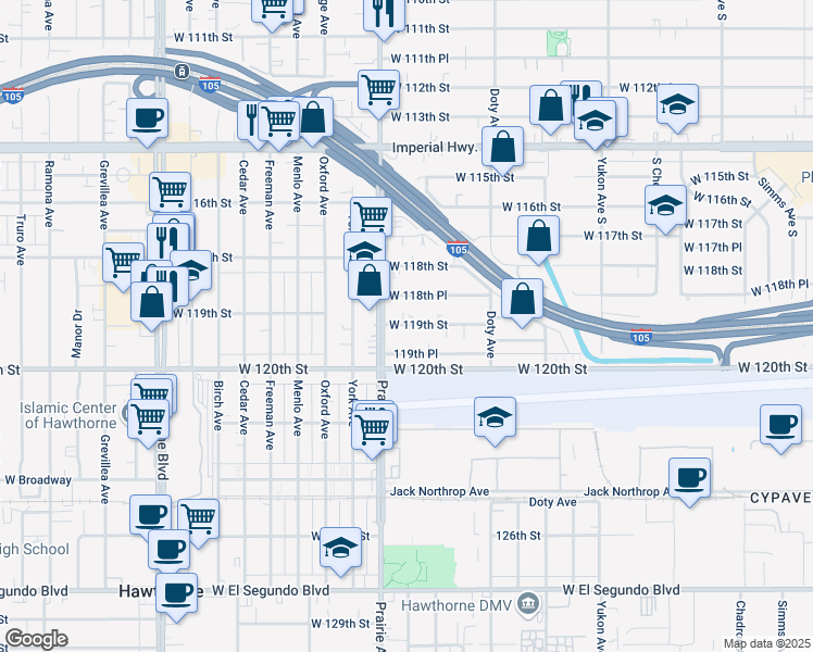 map of restaurants, bars, coffee shops, grocery stores, and more near 3919 West 119th Street in Hawthorne