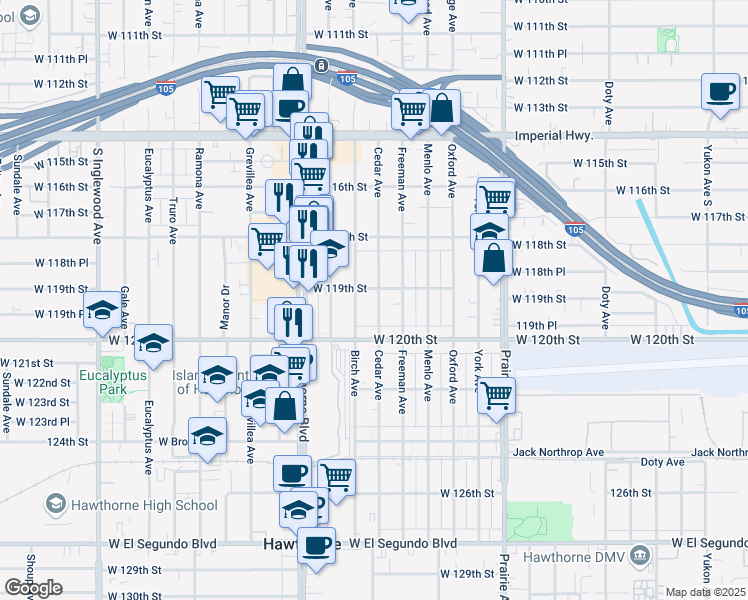map of restaurants, bars, coffee shops, grocery stores, and more near 11902 Birch Avenue in Hawthorne