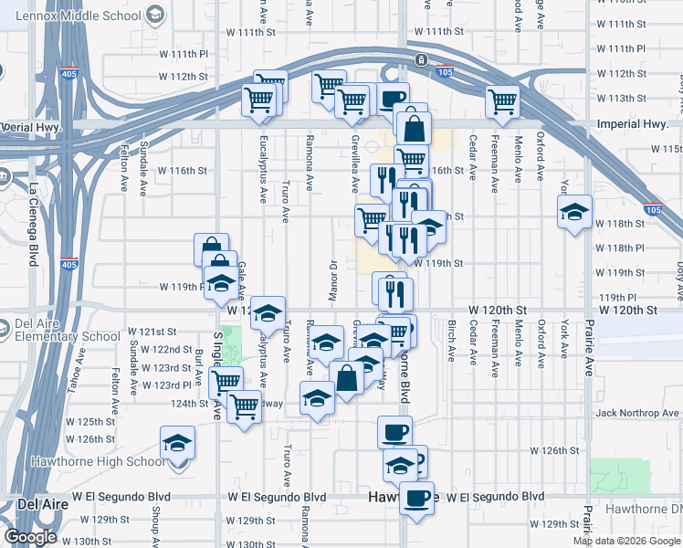 map of restaurants, bars, coffee shops, grocery stores, and more near 11895 Manor Drive in Hawthorne