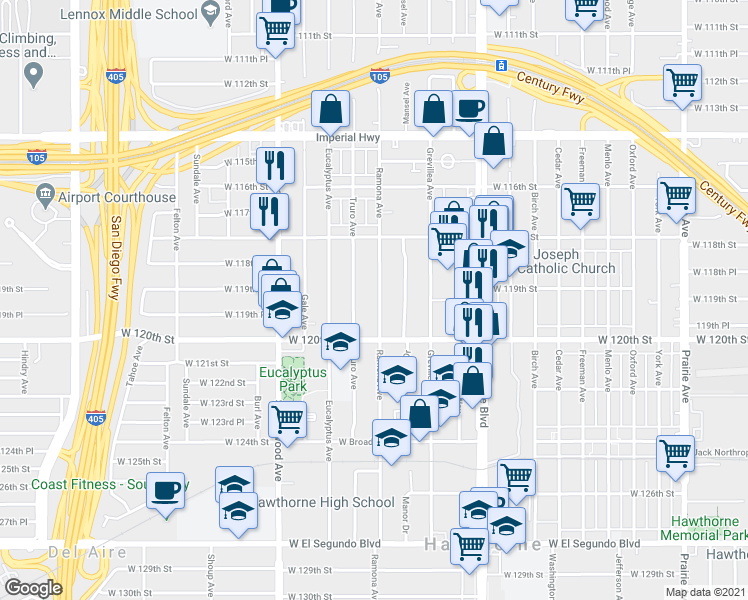 map of restaurants, bars, coffee shops, grocery stores, and more near 11895 Ramona Avenue in Hawthorne