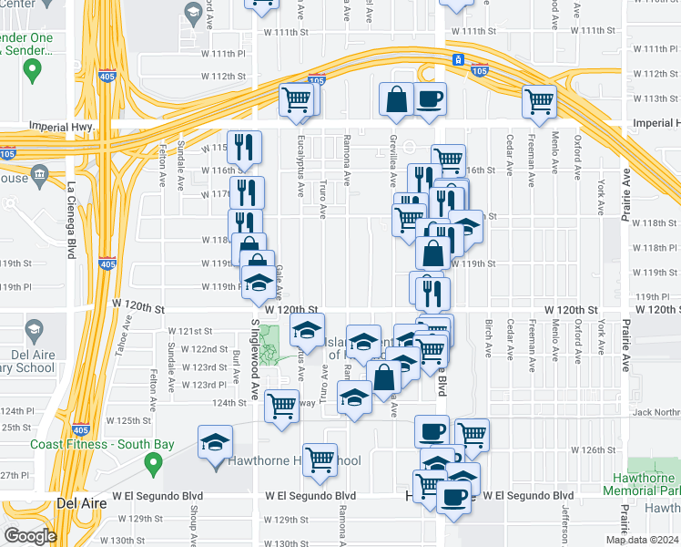 map of restaurants, bars, coffee shops, grocery stores, and more near 11895 Ramona Avenue in Hawthorne