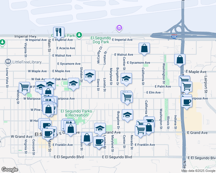 map of restaurants, bars, coffee shops, grocery stores, and more near 715 Maryland Street in El Segundo