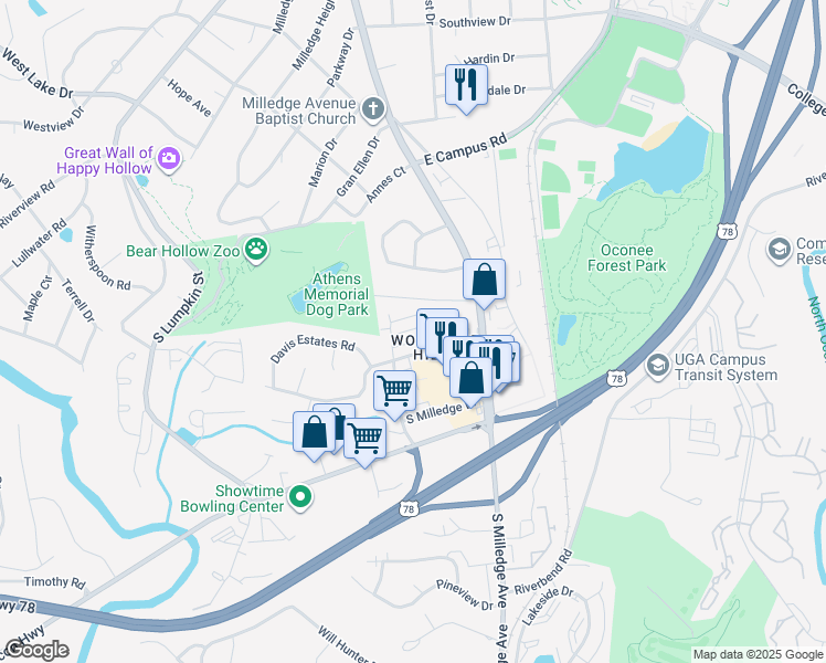 map of restaurants, bars, coffee shops, grocery stores, and more near 584 Woodland Hills Drive in Athens