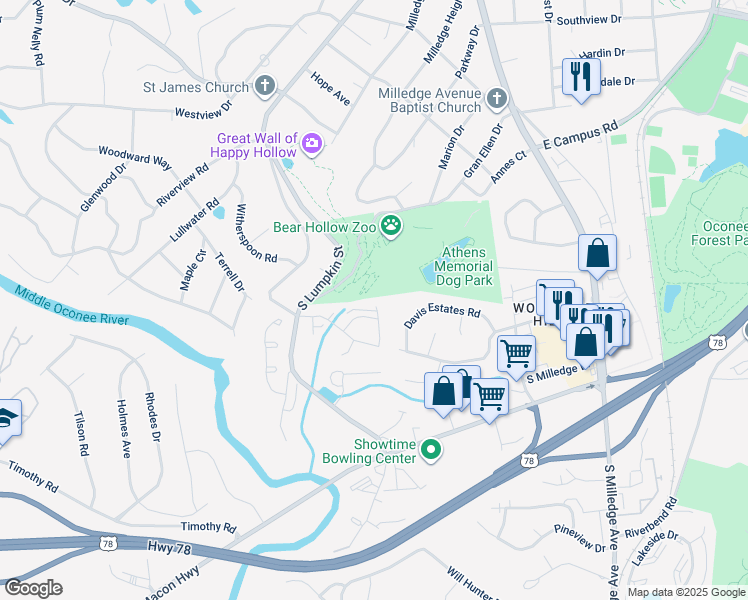 map of restaurants, bars, coffee shops, grocery stores, and more near 170 Oxford Court in Athens