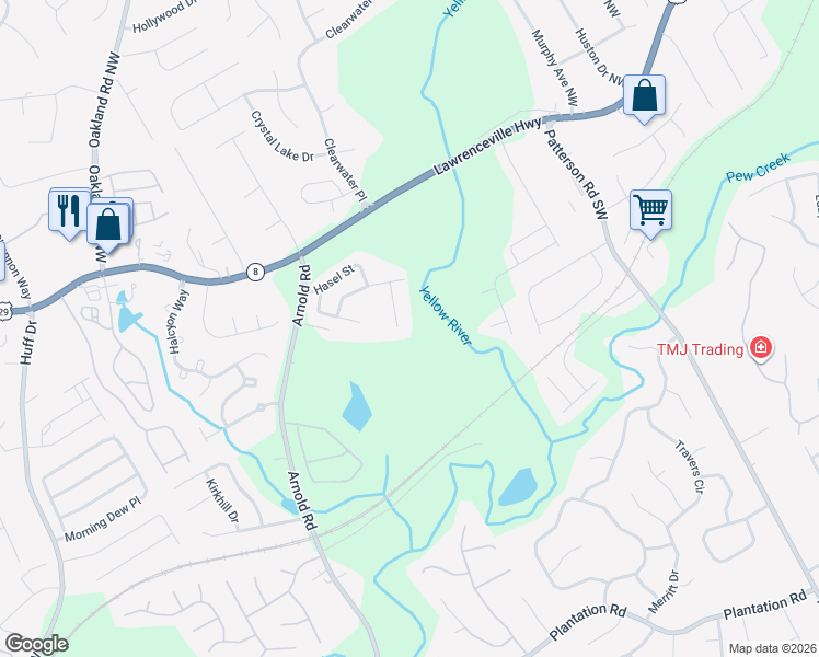 map of restaurants, bars, coffee shops, grocery stores, and more near 31 Burns View Court in Lawrenceville