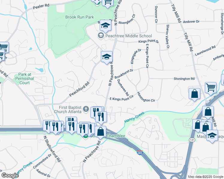 map of restaurants, bars, coffee shops, grocery stores, and more near 4491 North Peachtree Road in Dunwoody