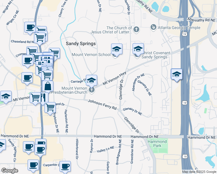 map of restaurants, bars, coffee shops, grocery stores, and more near 6275 Glen Oaks Lane Northeast in Sandy Springs