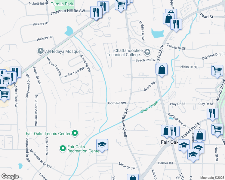 map of restaurants, bars, coffee shops, grocery stores, and more near 1100 Booth Court Southwest in Marietta