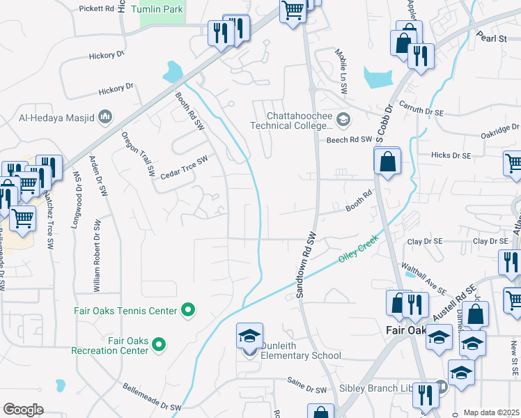 map of restaurants, bars, coffee shops, grocery stores, and more near 1100 Booth Court Southwest in Marietta