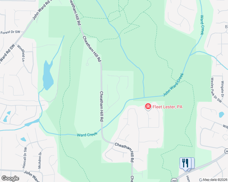 map of restaurants, bars, coffee shops, grocery stores, and more near 1172 Ward Creek Drive Southwest in Marietta