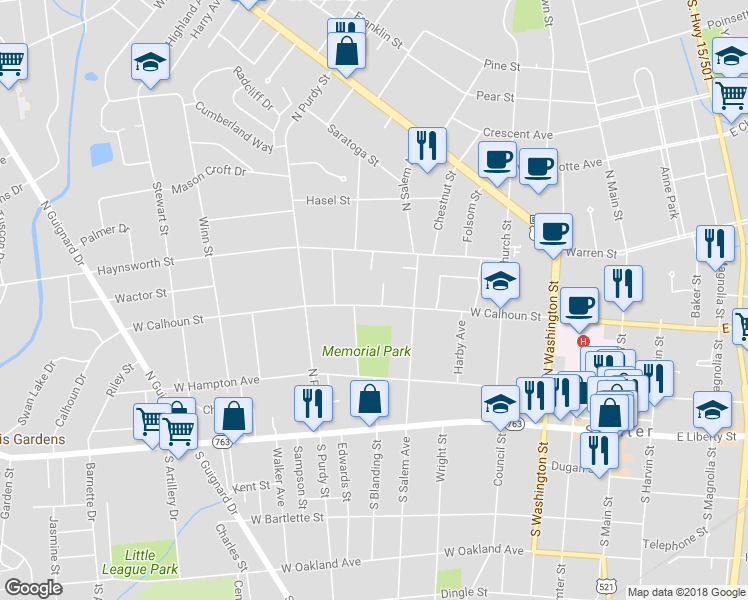 map of restaurants, bars, coffee shops, grocery stores, and more near 321 West Calhoun Street in Sumter