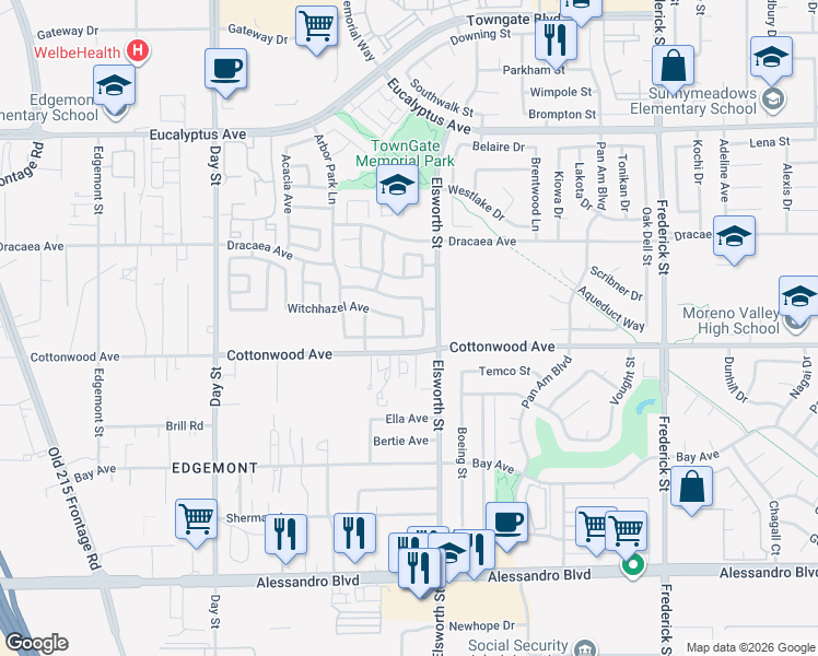 map of restaurants, bars, coffee shops, grocery stores, and more near 22442 Witchhazel Avenue in Moreno Valley