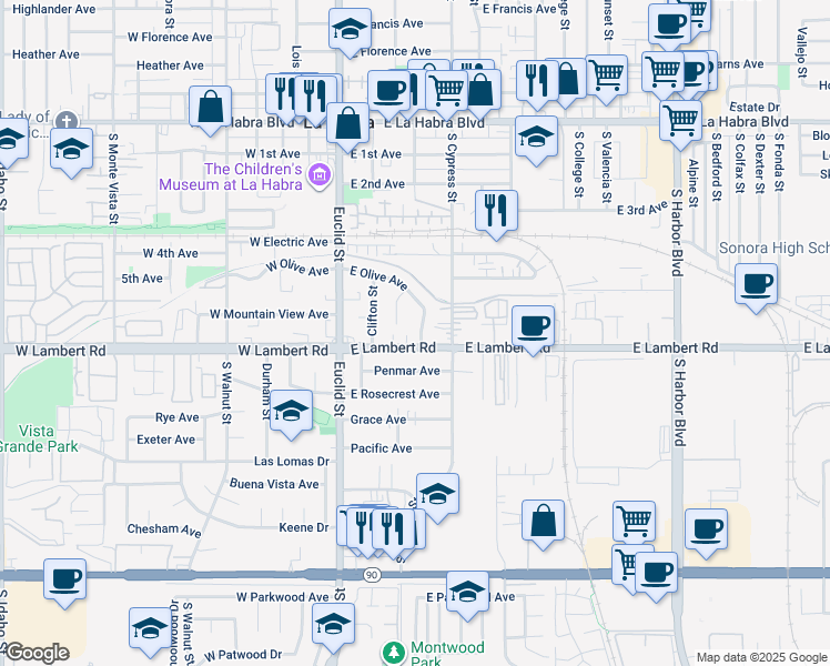 map of restaurants, bars, coffee shops, grocery stores, and more near 621 South Olive Avenue in La Habra
