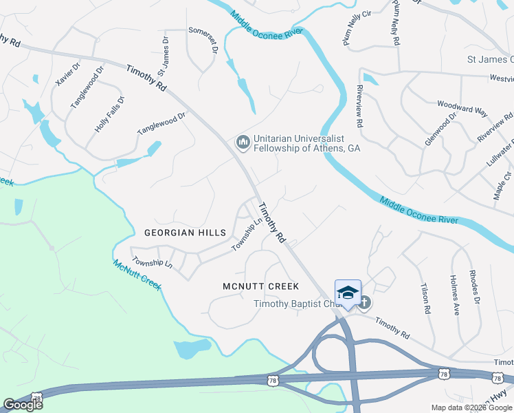 map of restaurants, bars, coffee shops, grocery stores, and more near 670 Timothy Road in Athens