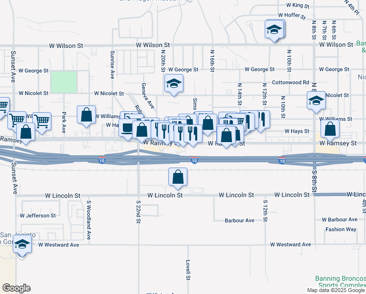 map of restaurants, bars, coffee shops, grocery stores, and more near 1801 West Ramsey Street in Banning