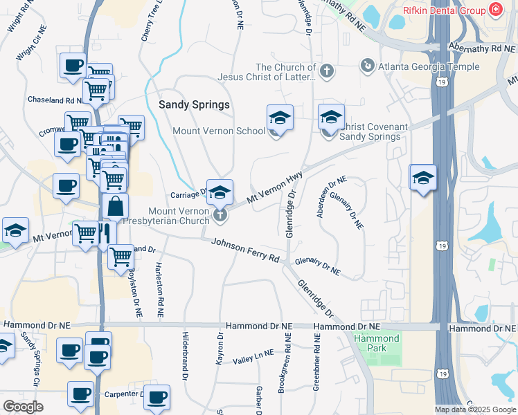 map of restaurants, bars, coffee shops, grocery stores, and more near 6275 Glen Oaks Lane Northeast in Sandy Springs