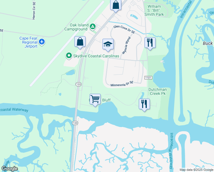 map of restaurants, bars, coffee shops, grocery stores, and more near 5200 Minnesota Drive Southeast in Southport