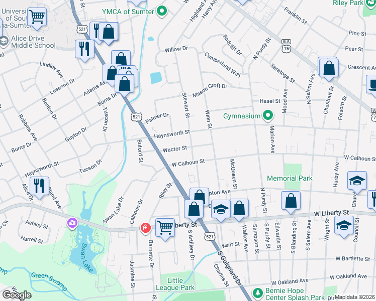 map of restaurants, bars, coffee shops, grocery stores, and more near 102 Wactor Street in Sumter