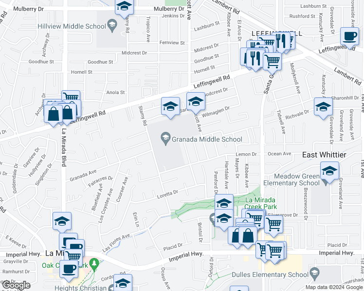 map of restaurants, bars, coffee shops, grocery stores, and more near 11811 La Serna Drive in Whittier