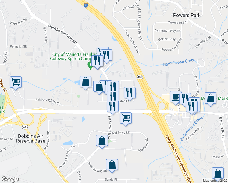 map of restaurants, bars, coffee shops, grocery stores, and more near 4062 Kingston Court in Marietta