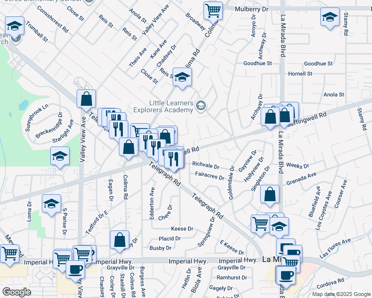 map of restaurants, bars, coffee shops, grocery stores, and more near 11522 Double Eagle Drive in Whittier