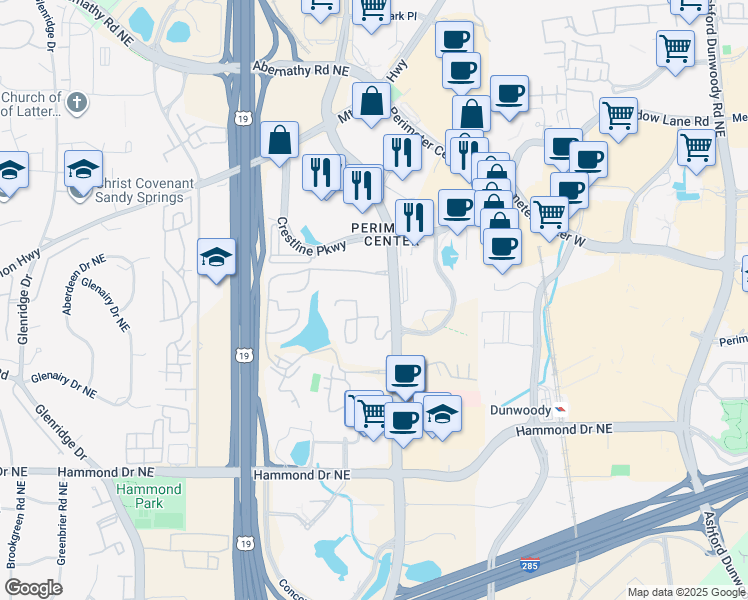 map of restaurants, bars, coffee shops, grocery stores, and more near 6280 Peachtree Dunwoody Road in Atlanta