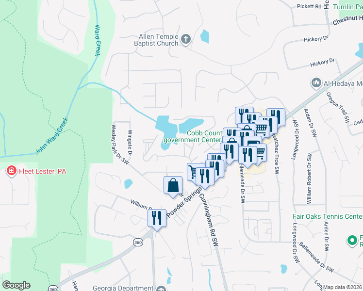 map of restaurants, bars, coffee shops, grocery stores, and more near 1250 Powder Springs Street Southwest in Marietta