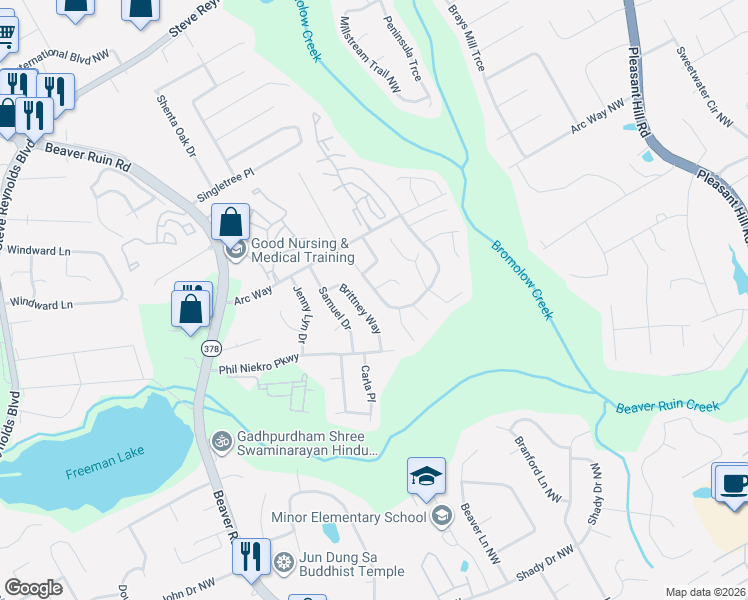 map of restaurants, bars, coffee shops, grocery stores, and more near 1110 Heritage Valley Road in Norcross