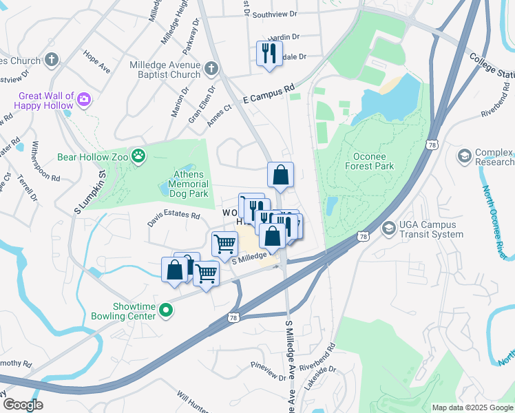 map of restaurants, bars, coffee shops, grocery stores, and more near 530 Woodland Hills Drive in Athens