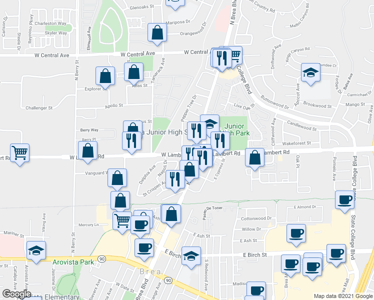 map of restaurants, bars, coffee shops, grocery stores, and more near 149 West Lambert Road in Brea
