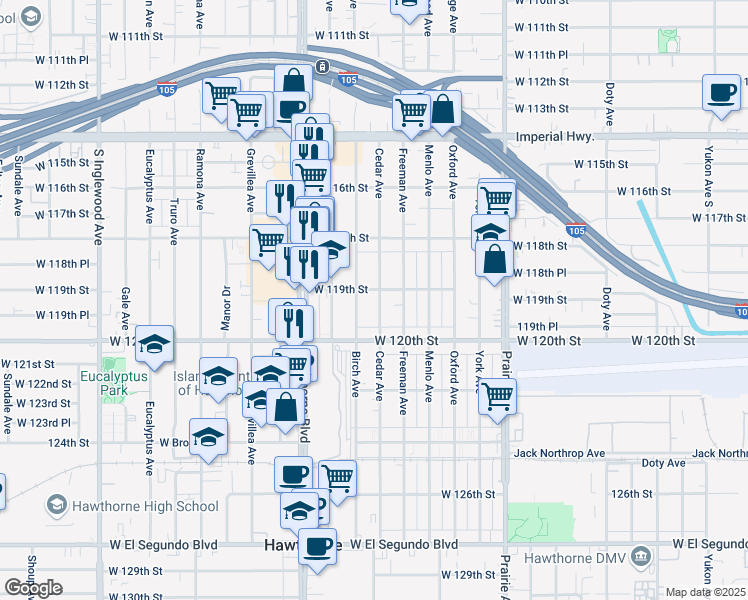 map of restaurants, bars, coffee shops, grocery stores, and more near 11902 Birch Avenue in Hawthorne