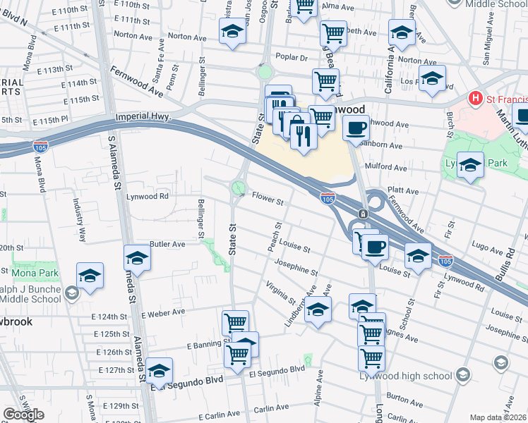 map of restaurants, bars, coffee shops, grocery stores, and more near 3155 Lynwood Road in Lynwood