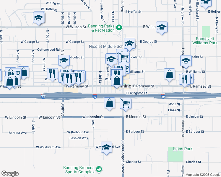 map of restaurants, bars, coffee shops, grocery stores, and more near 166A West Ramsey Street in Banning