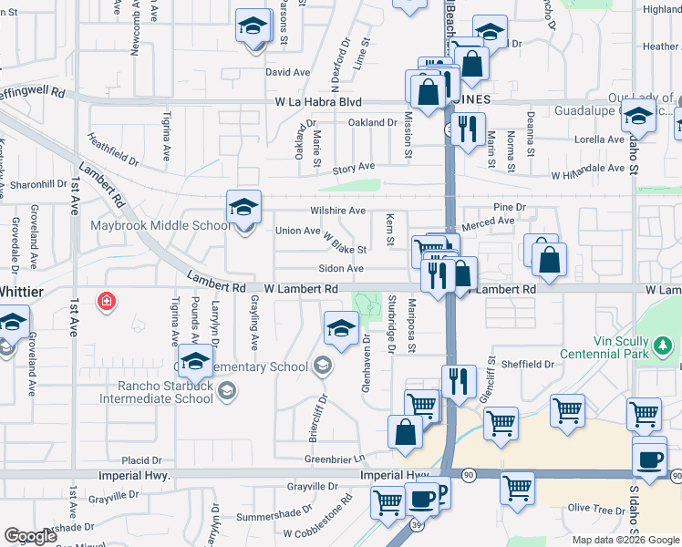 map of restaurants, bars, coffee shops, grocery stores, and more near 2420 Sidon Avenue in La Habra