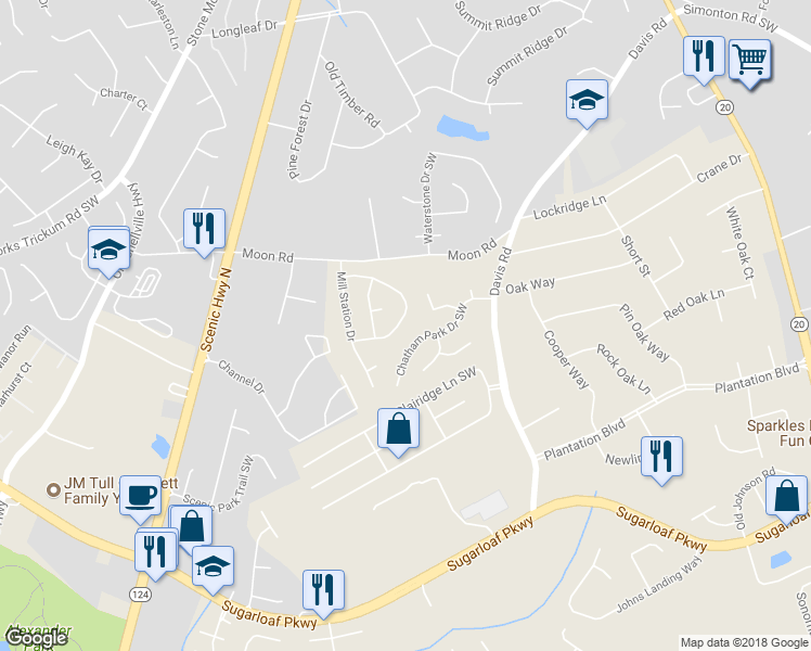 map of restaurants, bars, coffee shops, grocery stores, and more near 724 Fernstone Trail Southwest in Lawrenceville