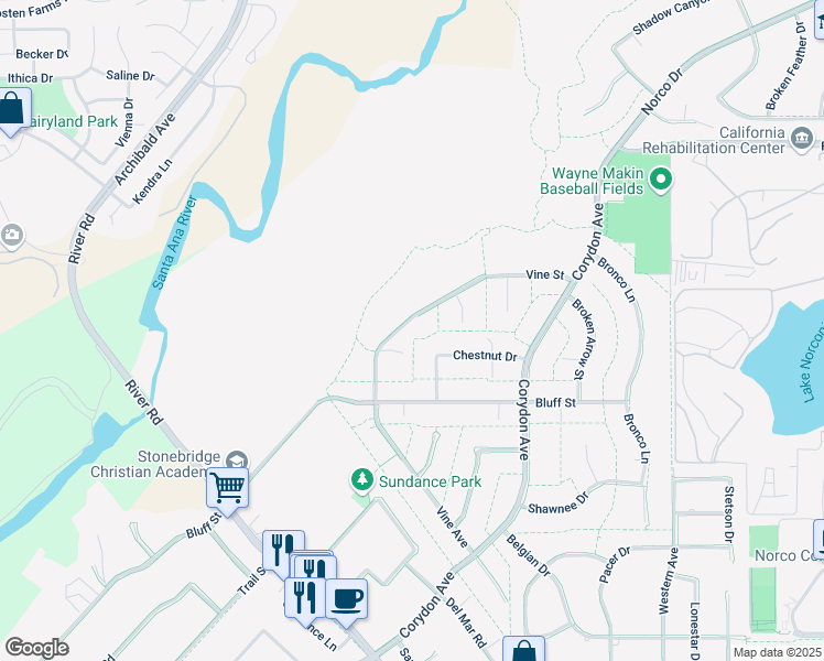 map of restaurants, bars, coffee shops, grocery stores, and more near 3820 Vine Street in Norco