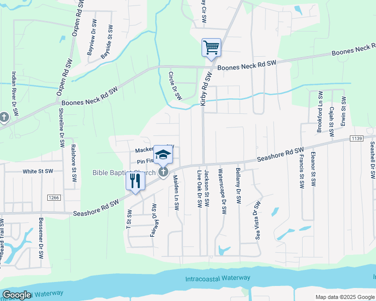 map of restaurants, bars, coffee shops, grocery stores, and more near 2511 Barracuda Street Southwest in Brunswick County
