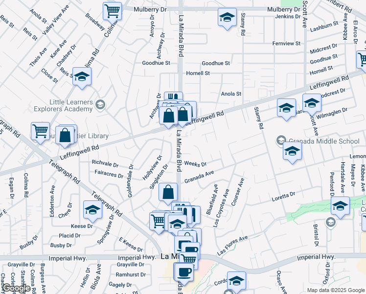 map of restaurants, bars, coffee shops, grocery stores, and more near 11628 La Mirada Boulevard in La Mirada