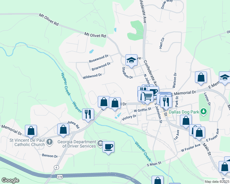 map of restaurants, bars, coffee shops, grocery stores, and more near 127 McBee Drive in Dallas