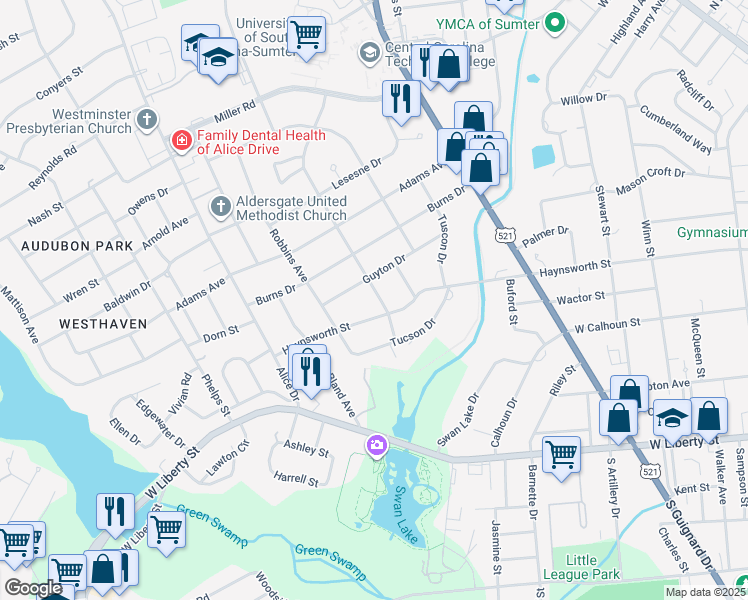 map of restaurants, bars, coffee shops, grocery stores, and more near 108 Benton Drive in Sumter