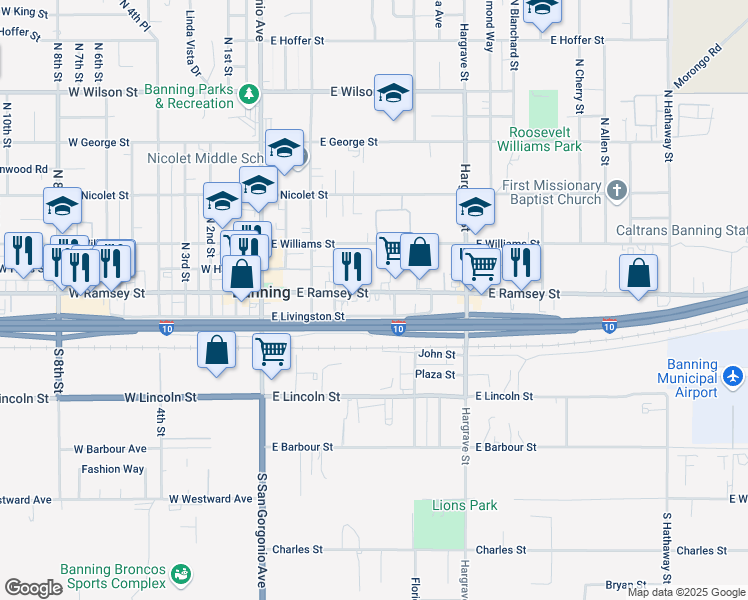 map of restaurants, bars, coffee shops, grocery stores, and more near 390 East Ramsey Street in Banning