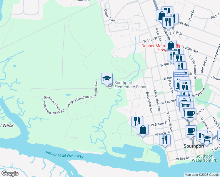 map of restaurants, bars, coffee shops, grocery stores, and more near 701 West 9th Street in Southport