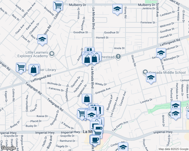 map of restaurants, bars, coffee shops, grocery stores, and more near 11701 Broadfield Drive in La Mirada