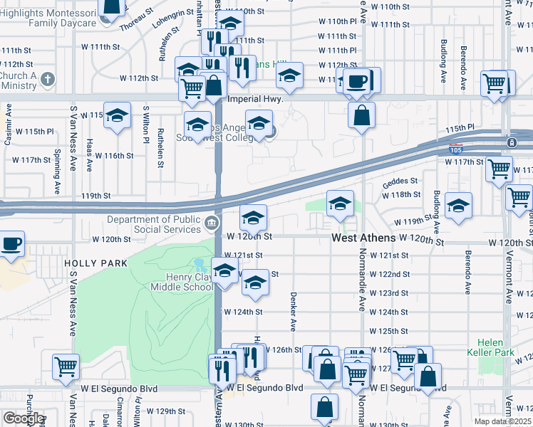 map of restaurants, bars, coffee shops, grocery stores, and more near 1677 Bruin Street in Los Angeles
