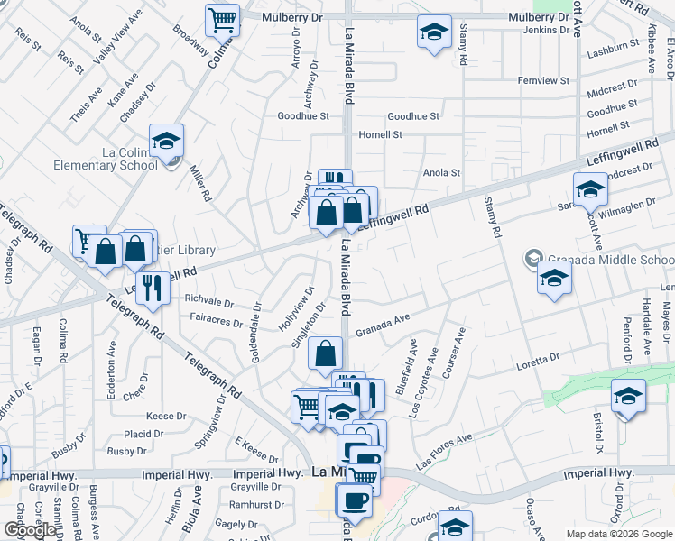 map of restaurants, bars, coffee shops, grocery stores, and more near 11634 Singleton Drive in La Mirada