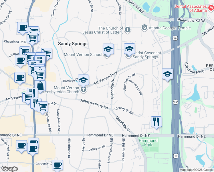 map of restaurants, bars, coffee shops, grocery stores, and more near 6200 Glen Oaks Lane Northeast in Atlanta