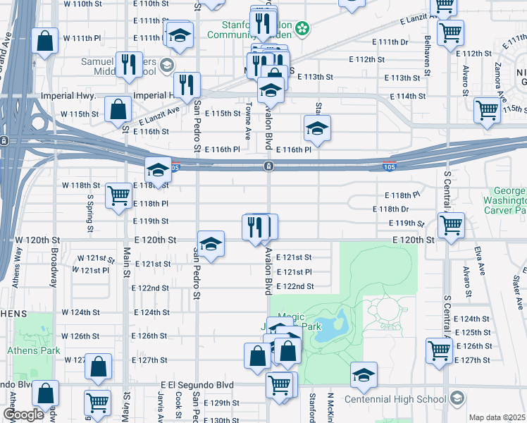 map of restaurants, bars, coffee shops, grocery stores, and more near 11863 Avalon Boulevard in Los Angeles