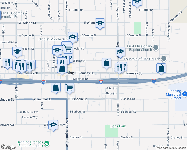 map of restaurants, bars, coffee shops, grocery stores, and more near 422 East Ramsey Street in Banning